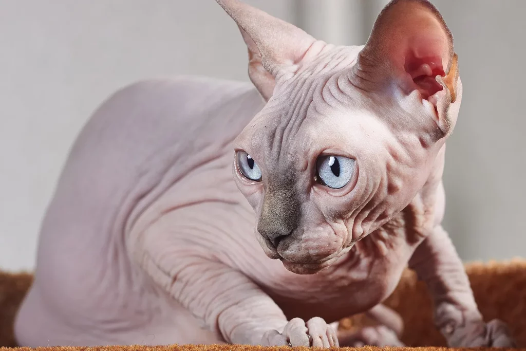 Sphynx nu rosé aux yeux bleus couché, grandes oreilles et peau plissée